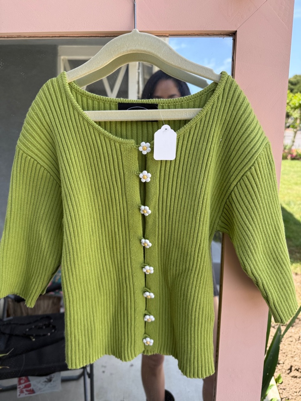 Cider Light Green Ribbed Cardigan with Daisy Buttons